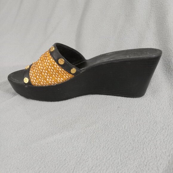 TORY BURCH Straw/Leather JOANIE Studded PLATFORM WEDGE SANDALS US 8.5 Logo s7155 - Picture 9 of 16
